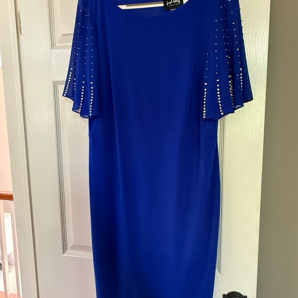 Joseph Ribkoff Blue Midi Dress with Embellished Bell Sleeves
